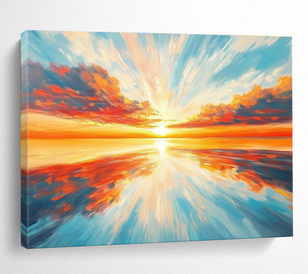 Radiant Sunset Sea Abstract Painting with Orange Red and Blue Tones DYP562
