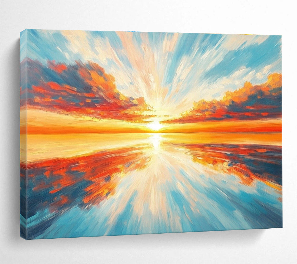 Radiant Sunset Sea Abstract Painting with Orange Red and Blue Tones DYP562