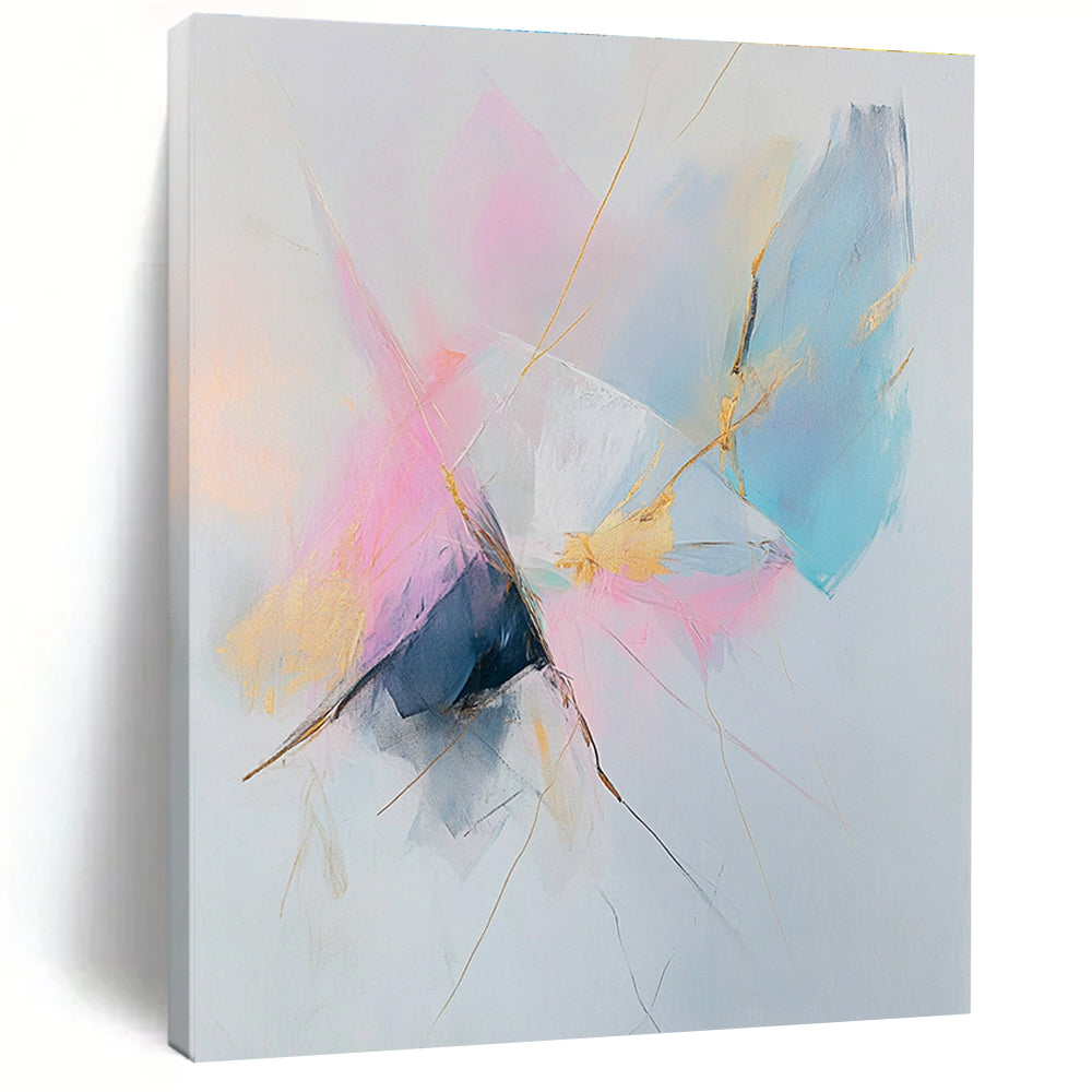 Large abstract painting featuring pastel pink and blue tones with gold accents on a white background creating a serene and calming atmosphere.STSC783