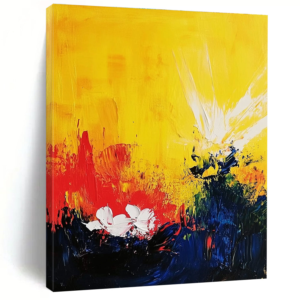 Abstract painting with a yellow background features red and blue splashes white flowers and bright sun rays in a dynamic acrylic composition.STSC407