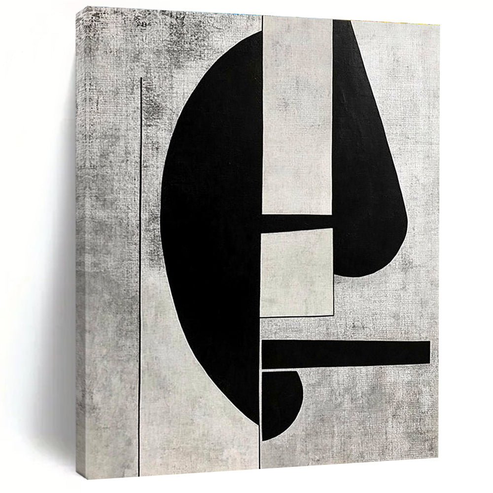 Large abstract painting in black and white on grey background featuring cubism elements and minimalistic retrofuturist style inspired by 1930s art.STSC465