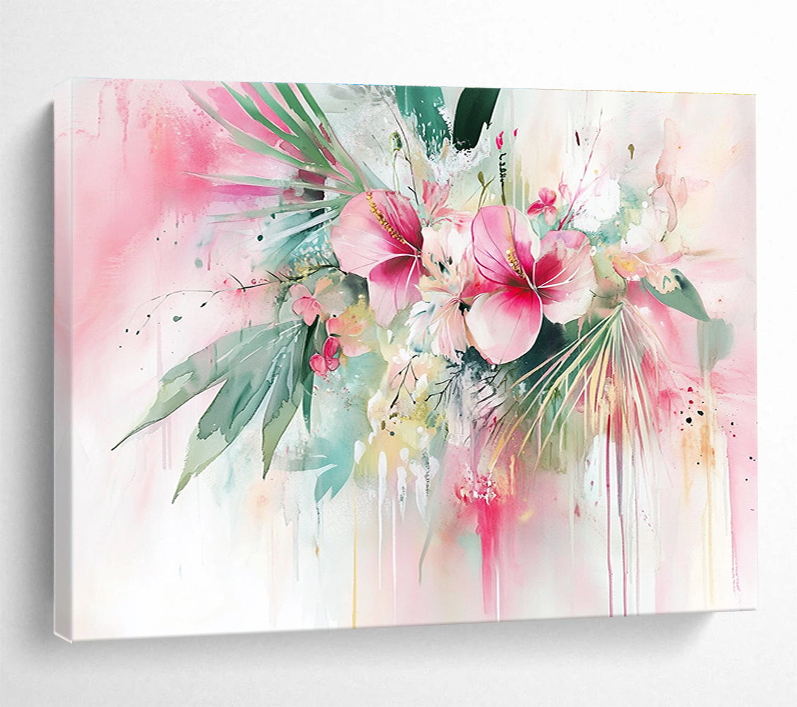 Pink Floral Abstract Painting with Watercolor Drips DYP449