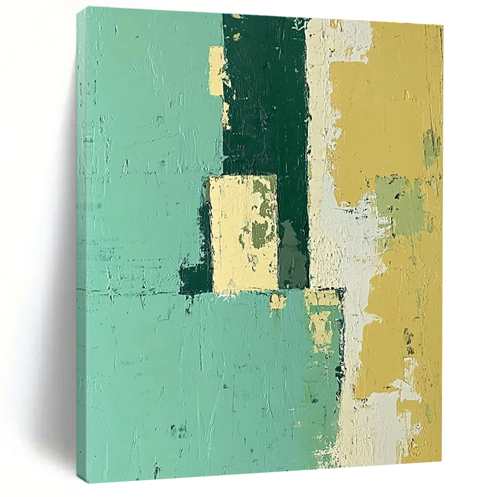 Green and Yellow Abstract Painting with Weathered Surfaces GER108