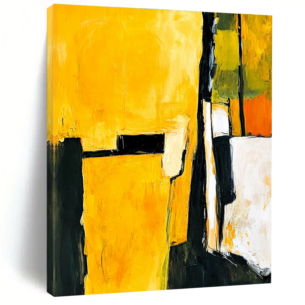 Abstract painting in yellow and black featuring white shapes with a minimalist atmosphere and an armchair in the foreground.STSC718