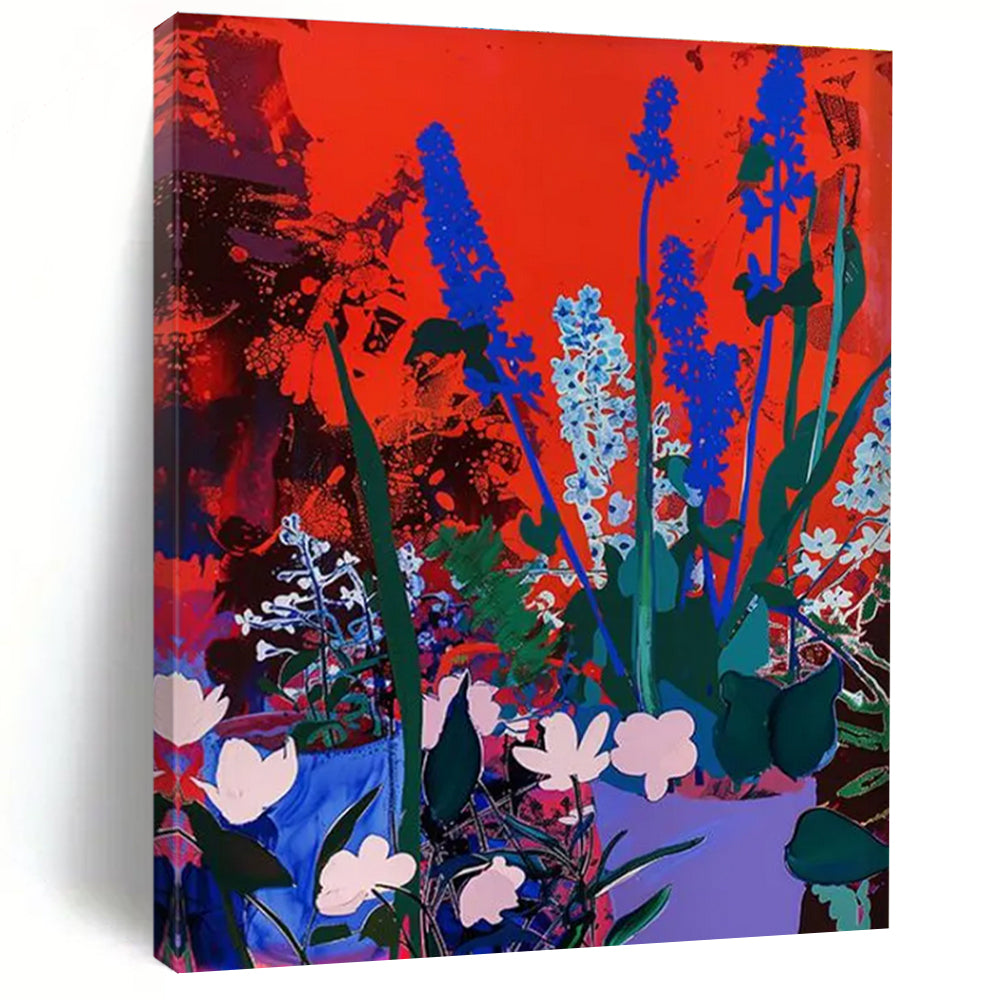 Blue Flowers on Red Background Abstract Painting ADGE100