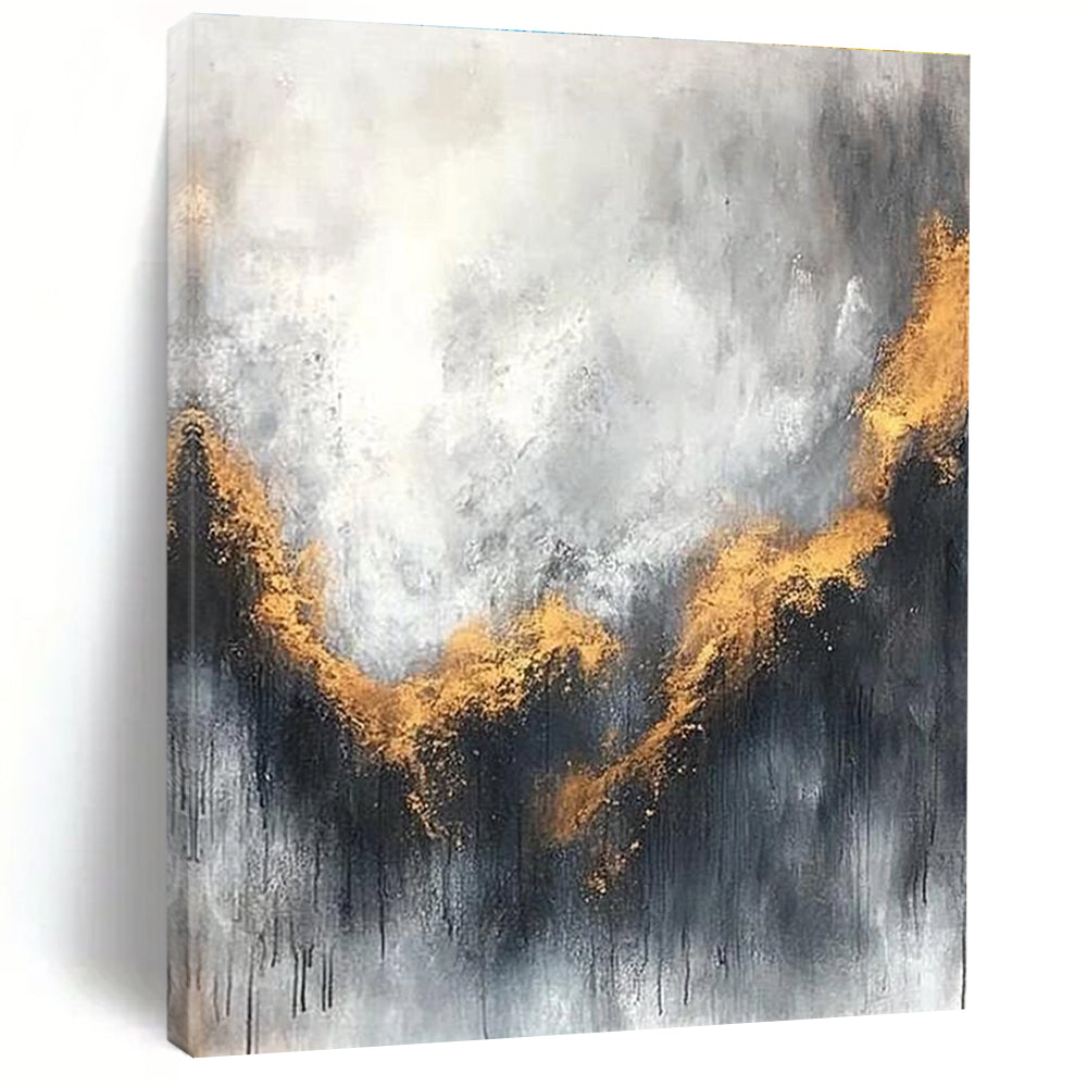 Large abstract painting with gray and white background golden accents atmospheric clouds and soft edges evokes calmness and introspection.STSC397