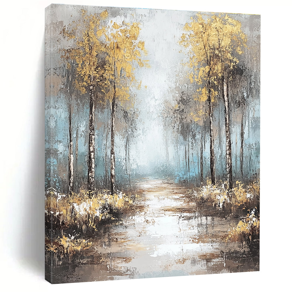 Large abstract painting featuring soft blues and grays with gold leaf accents creating a tranquil misty forest landscape.STSC060