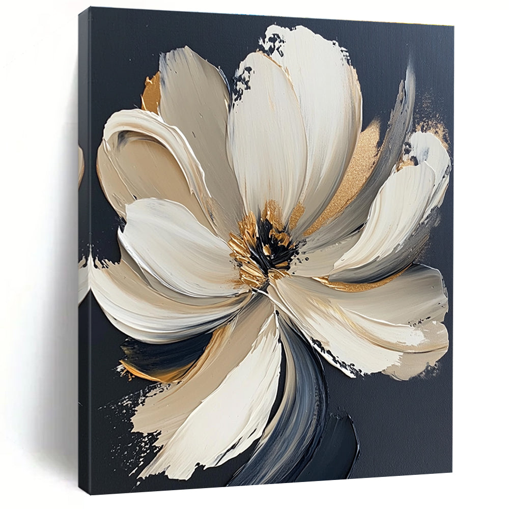 Large Abstract Painting Featuring A White Flower With Gold Accents Bold Brush Strokes And Neutral Colors Set Against A Black Background.STSC293