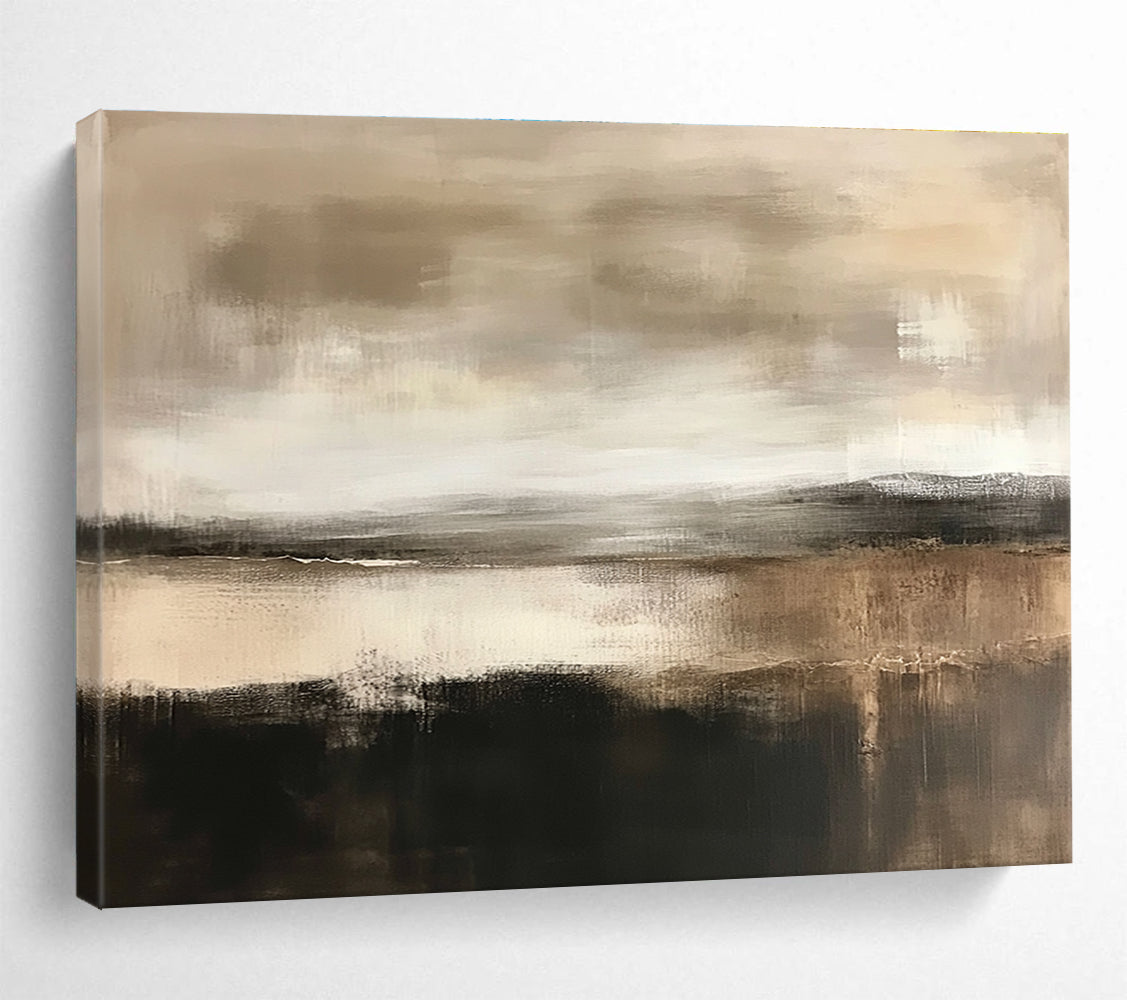 Large abstract landscape in neutral tones of beige and white with a neutral sky and hints of brown dark grey and black.SC067