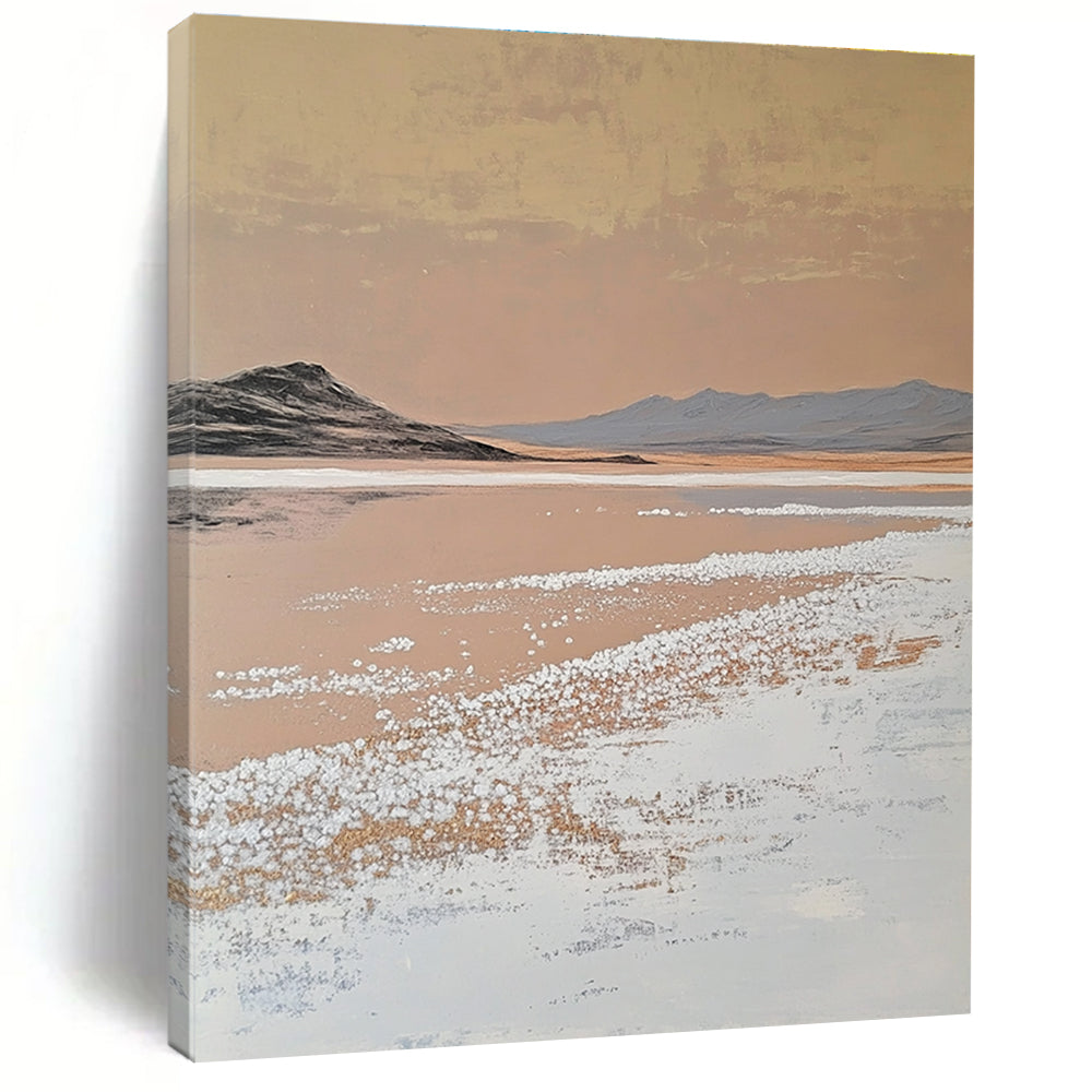 A large abstract painting features white salt crystals on a lake contrasting with textured brushstrokes in light beige and dark gold against a minimalist landscape.STSC1435