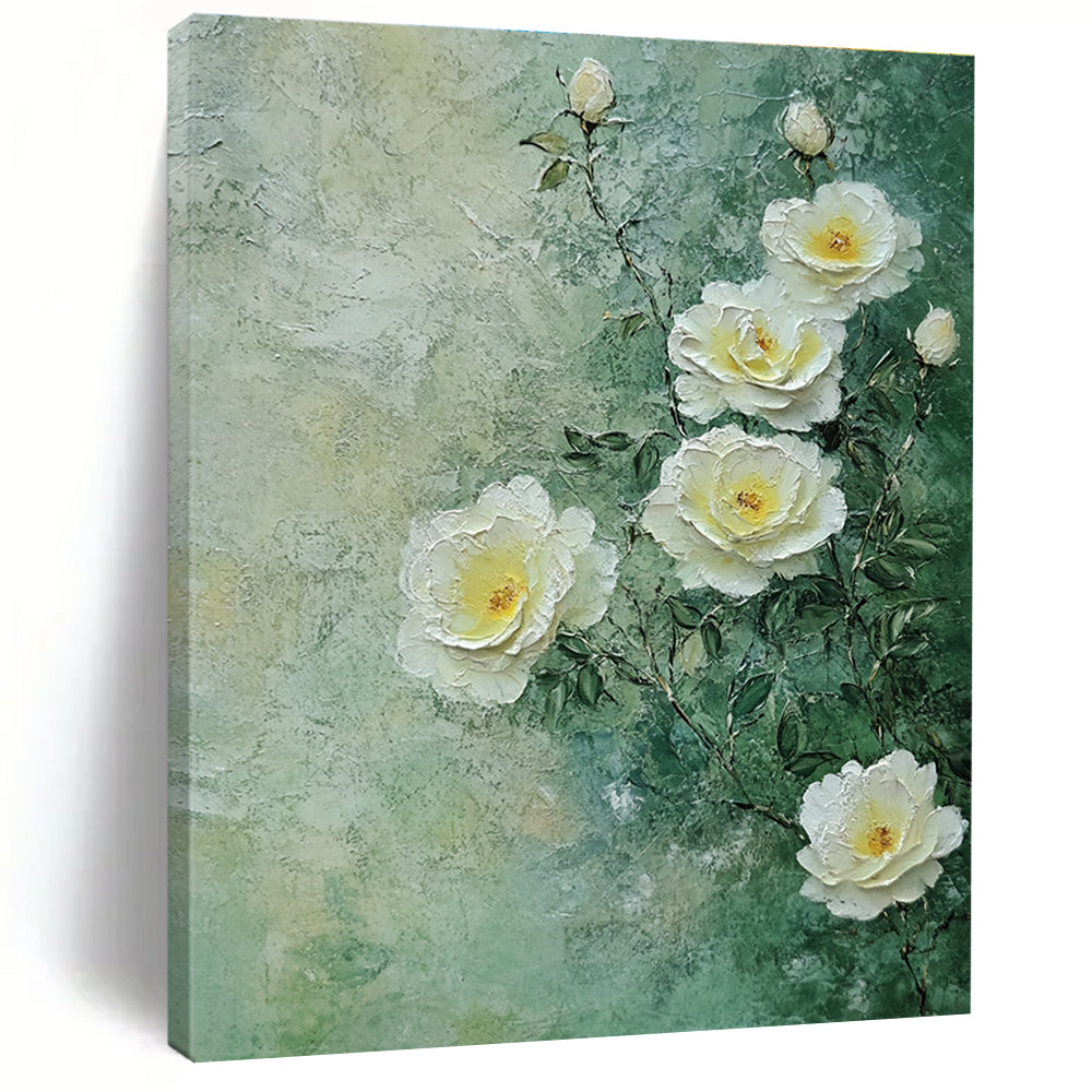 A large abstract painting featuring white roses on a light green background with soft tones and delicate brush strokes inspired by nature.STSC1490