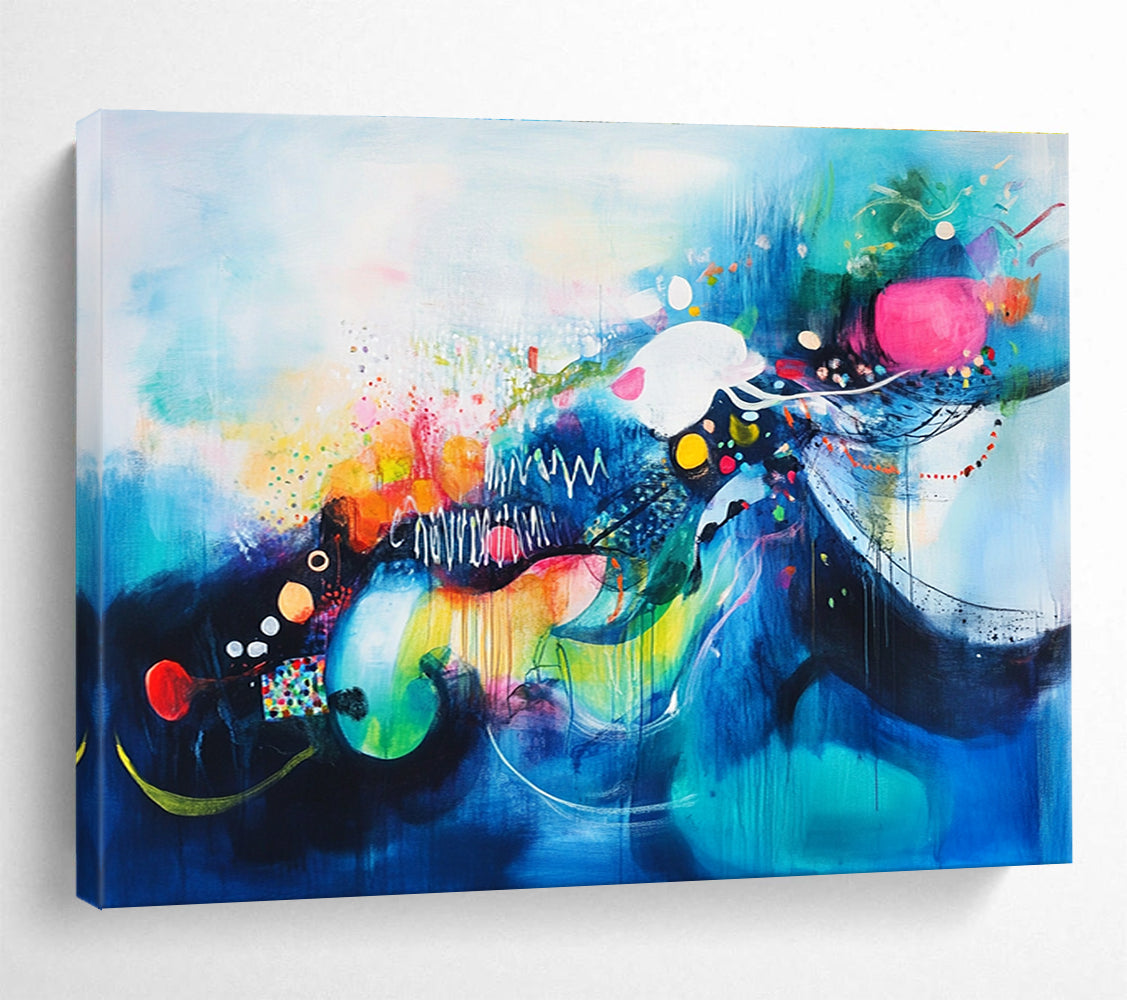 Colorful Blue Abstract Painting with Whimsical Elements DYP383