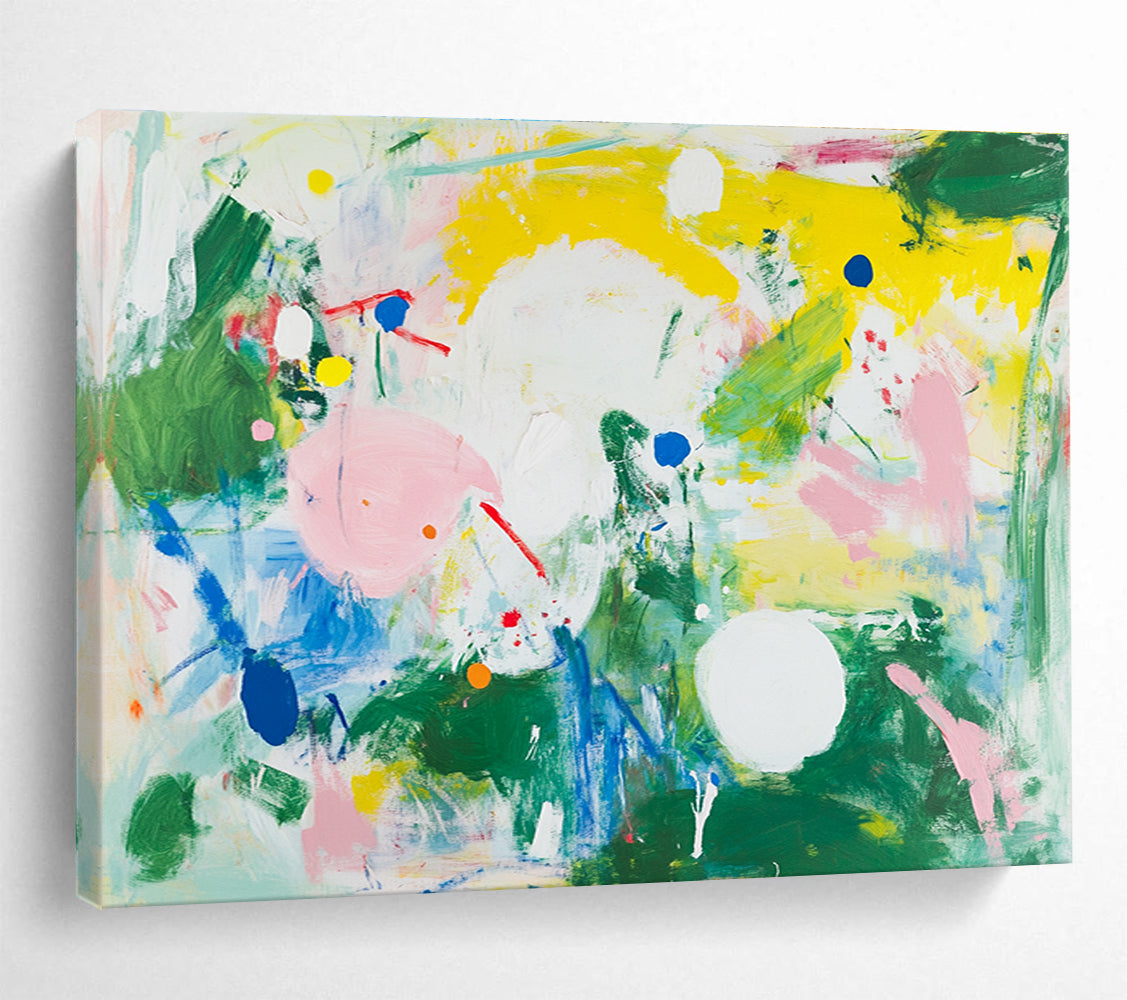 Colorful Abstract Painting with Dots and Shapes in Green Yellow Pink DYP390