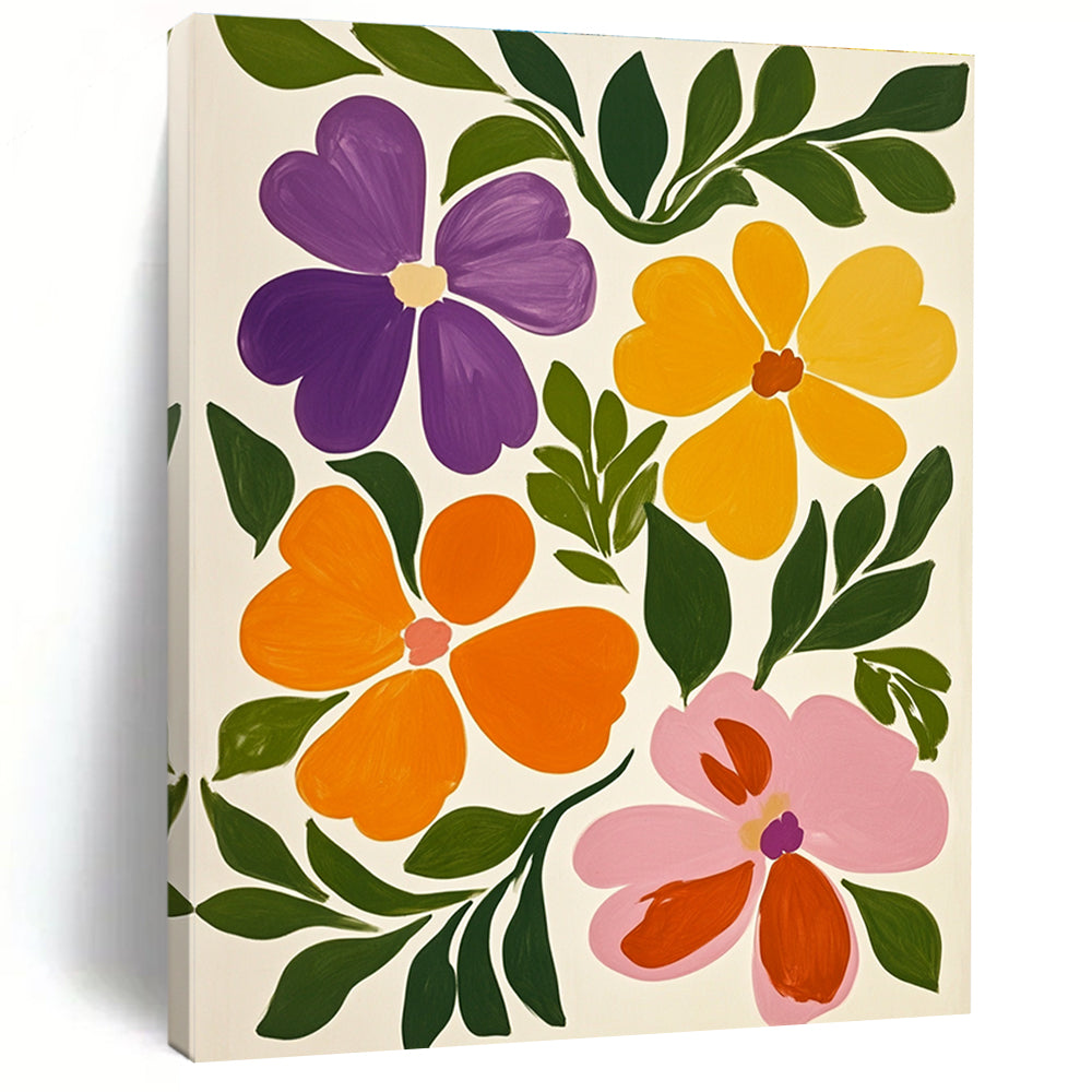 Large abstract painting featuring vibrant flowers with violet and green leaves against a white background in the style of Maira Kalman.STSC1317