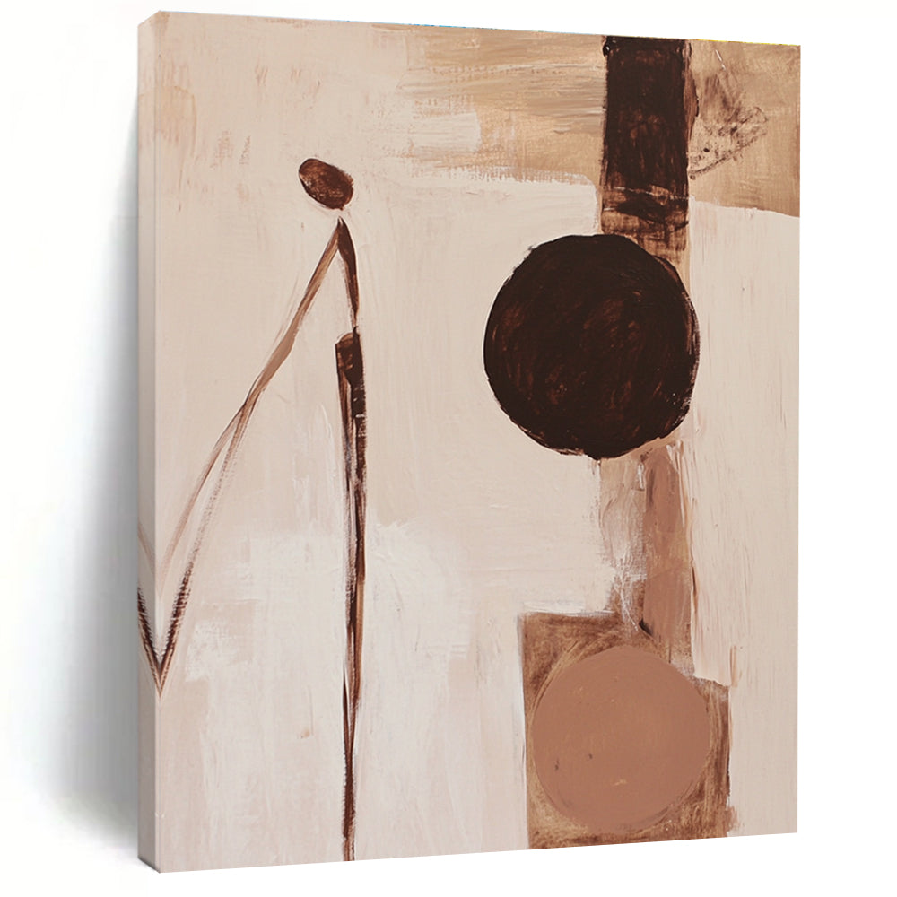 Abstract painting featuring fluid organic forms in brown and white with a minimalistic human figure and beige palette on a neutral background.STSC695