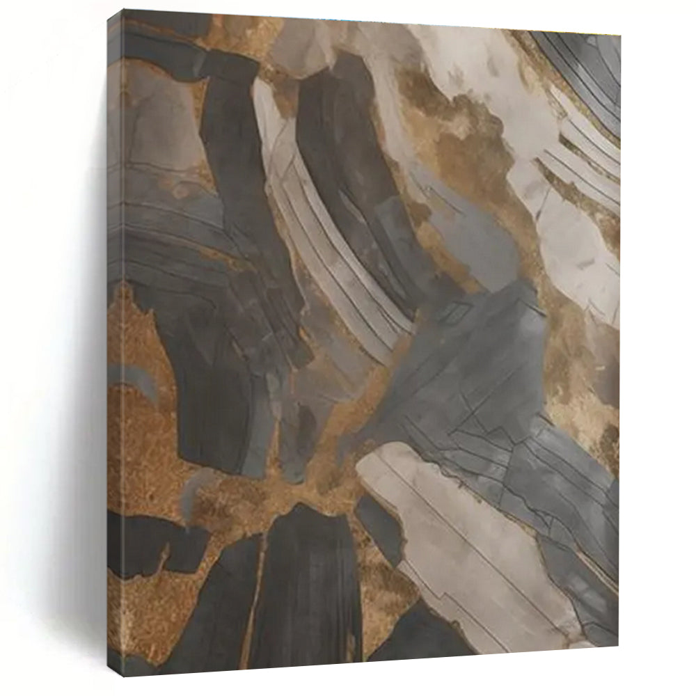 Black, Gray, and Gold Abstract Painting with Textured Layers ADGE137