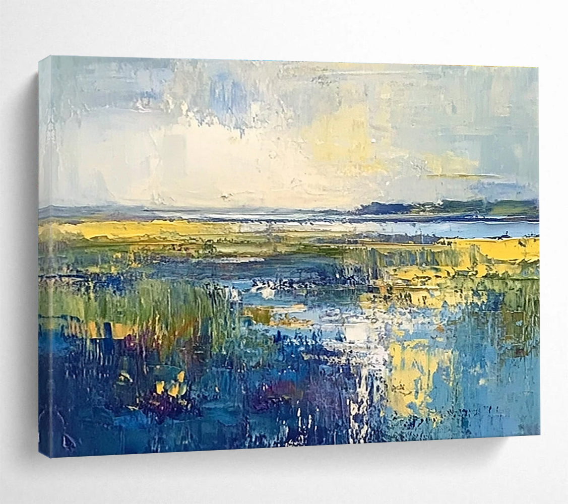 Large abstract landscape painting of the North Sea featuring blue green and yellow hues with an overcast sky on oil-painted canvas.SC072