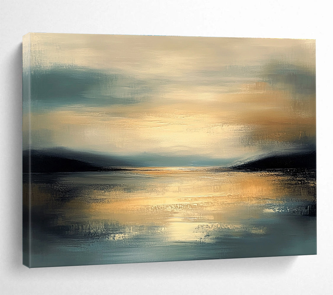 Large abstract painting featuring muted colors and calm water reflecting a detailed sky during golden hour with a serene atmosphere and gentle brushwork.SC064