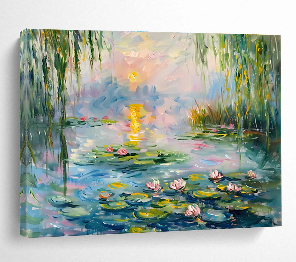 Water Lily Pond Abstract Painting with Pink, Green, and Blue Tones THY194