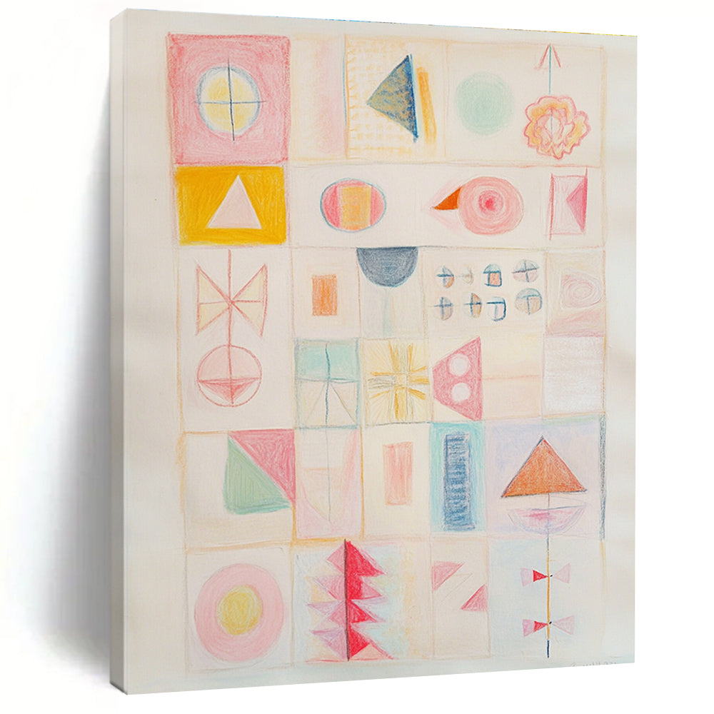 Large abstract painting in soft pastels featuring geometric shapes vibrant pink tones and lively details capturing strong contrasts and emotions on a white background.STSC985