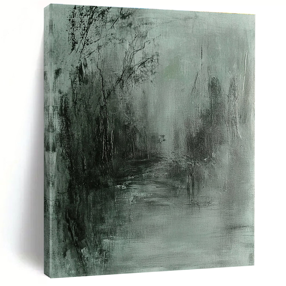 Large abstract painting in gray and green tones featuring soft edges and a dark background evokes tranquility and mystery through fluid brushstrokes.STSC419
