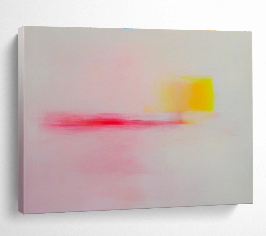 Large abstract painting with pink yellow and red soft edges on white background, emotional minimalism creating a tranquil joyful atmosphere.SC251