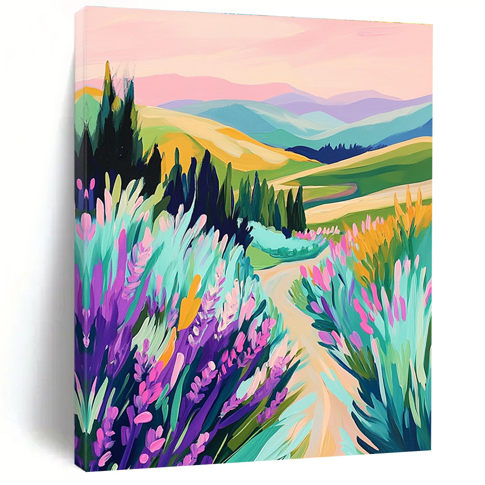 A large abstract painting featuring vibrant rolling hills lavender fields and a pastel sky with playful brushstrokes that create a serene lively atmosphere.STSC1224