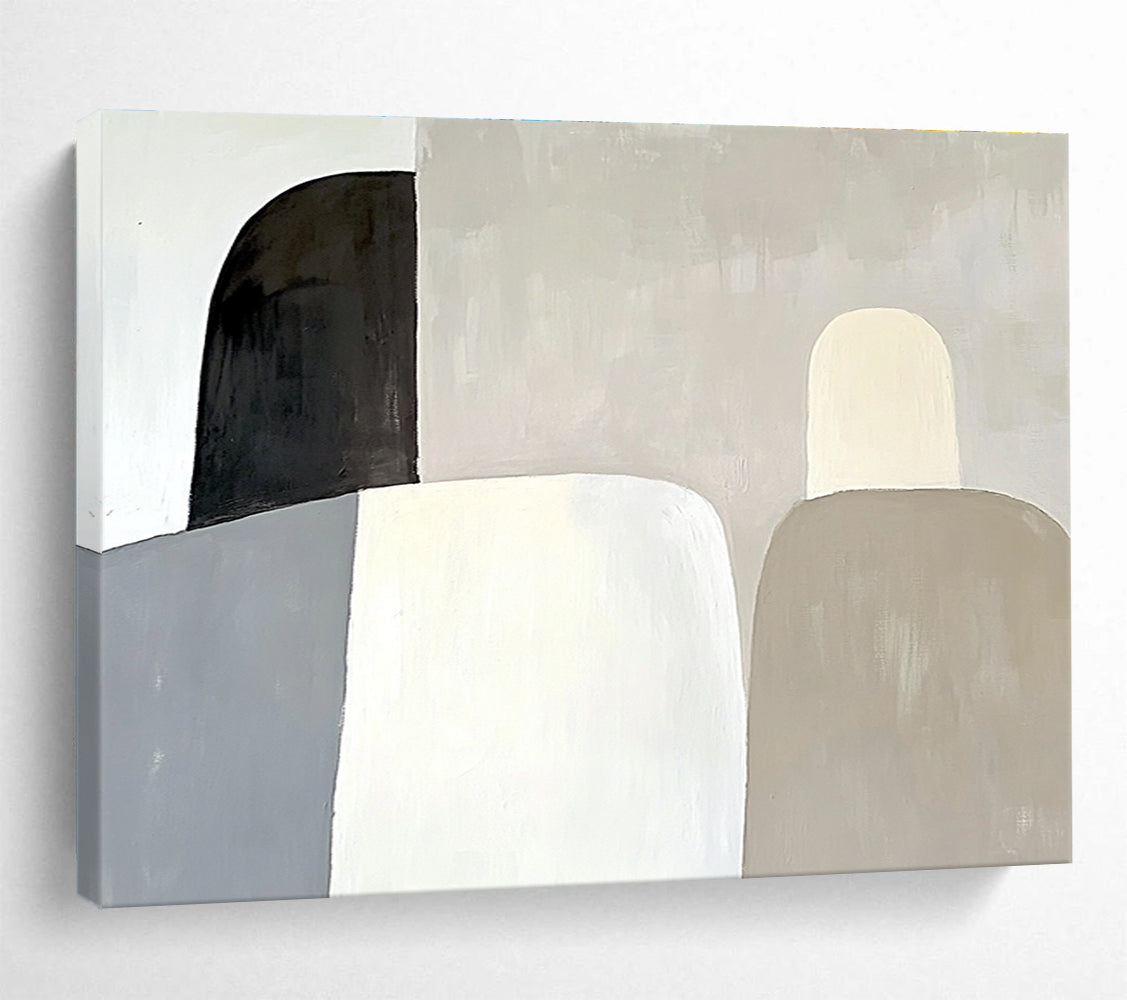 Large abstract painting featuring soft gray shapes against a white background with subtle forms and elegant modern aesthetic.SC589