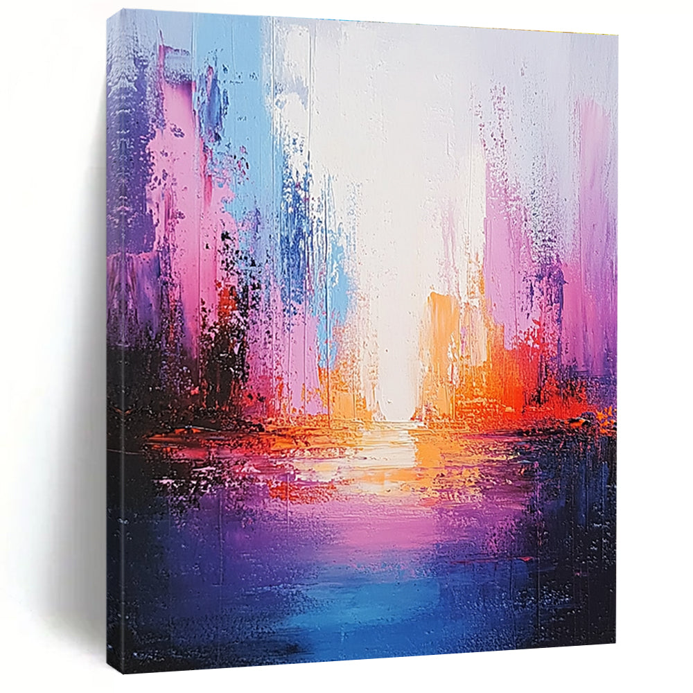 Large abstract painting of an ocean in light purple and pink with a tall illuminated building creating a soothing ethereal atmosphere.STSC264