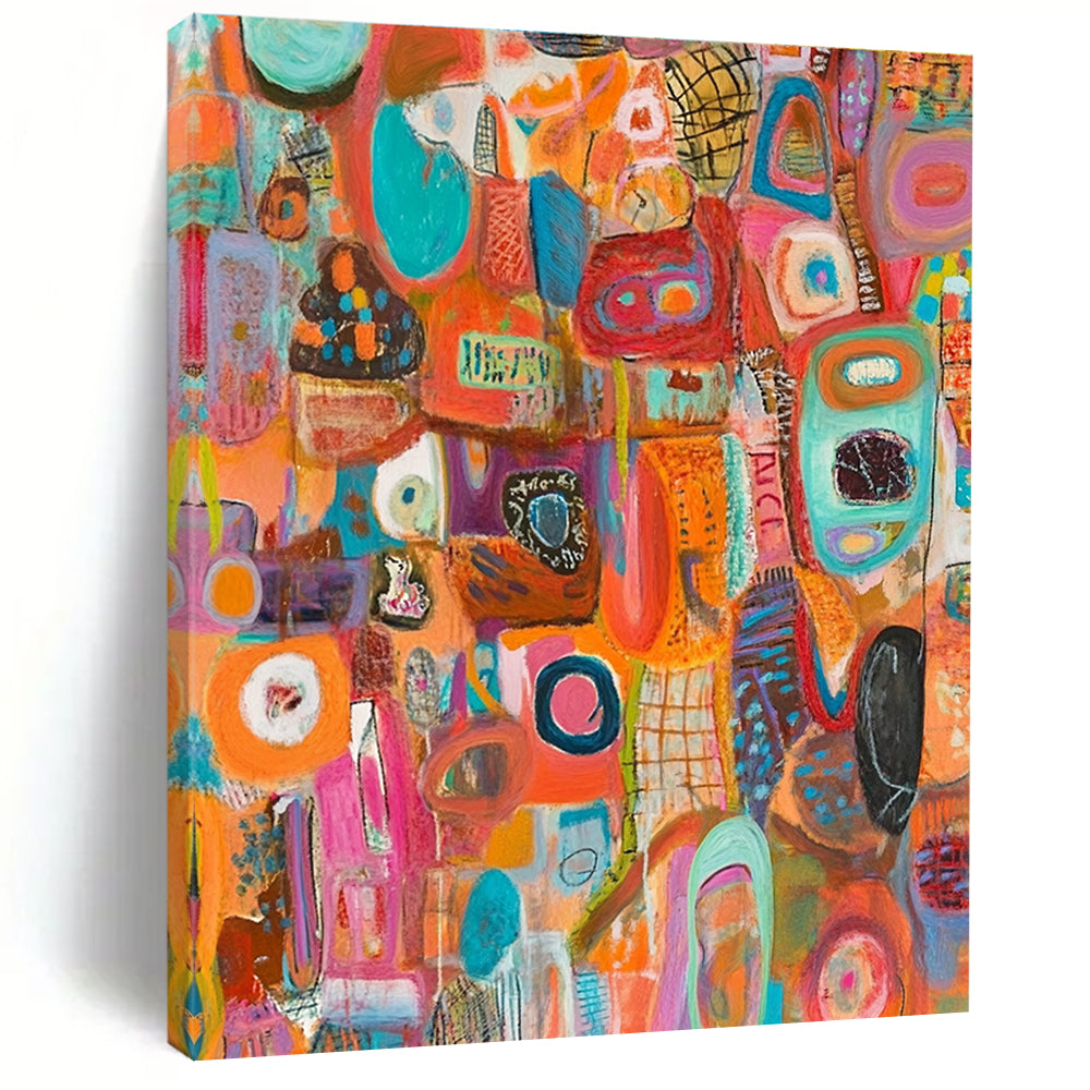 A large abstract painting bursting with vibrant colors and intricate layers, featuring diverse shapes, symbols, and musical notes in a chaotic yet harmonious composition.STSC1221