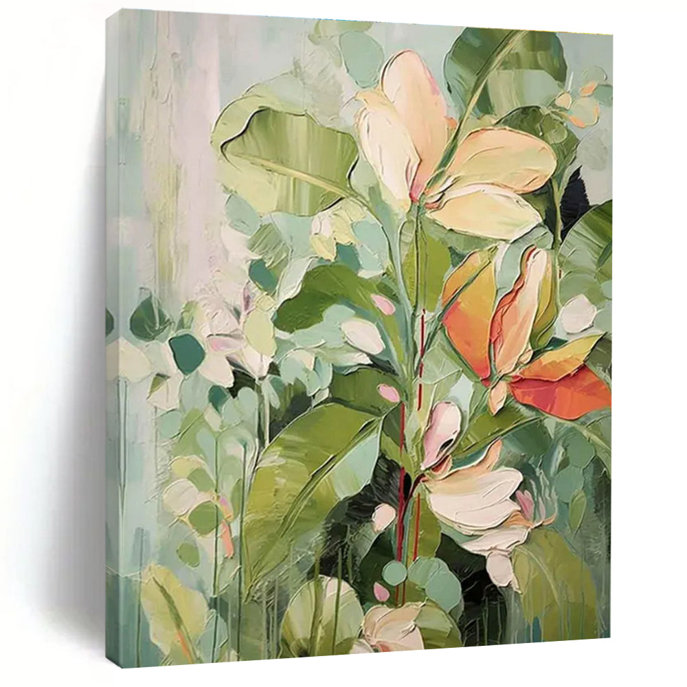 Green and Beige Tropical Flowers Abstract Painting ADGE083