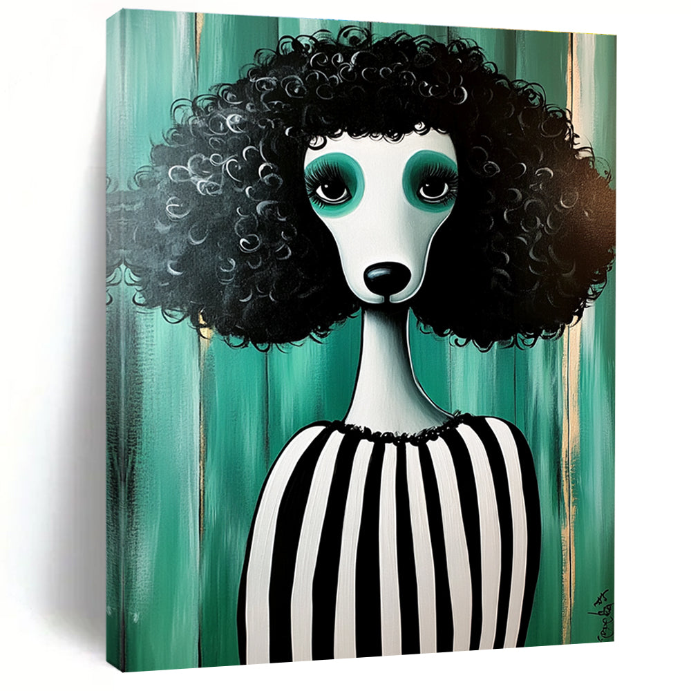 A large abstract painting featuring a full-bodied poodle with black fur and white stripes in an all-green striped dress amidst a whimsical backdrop.STSC1000