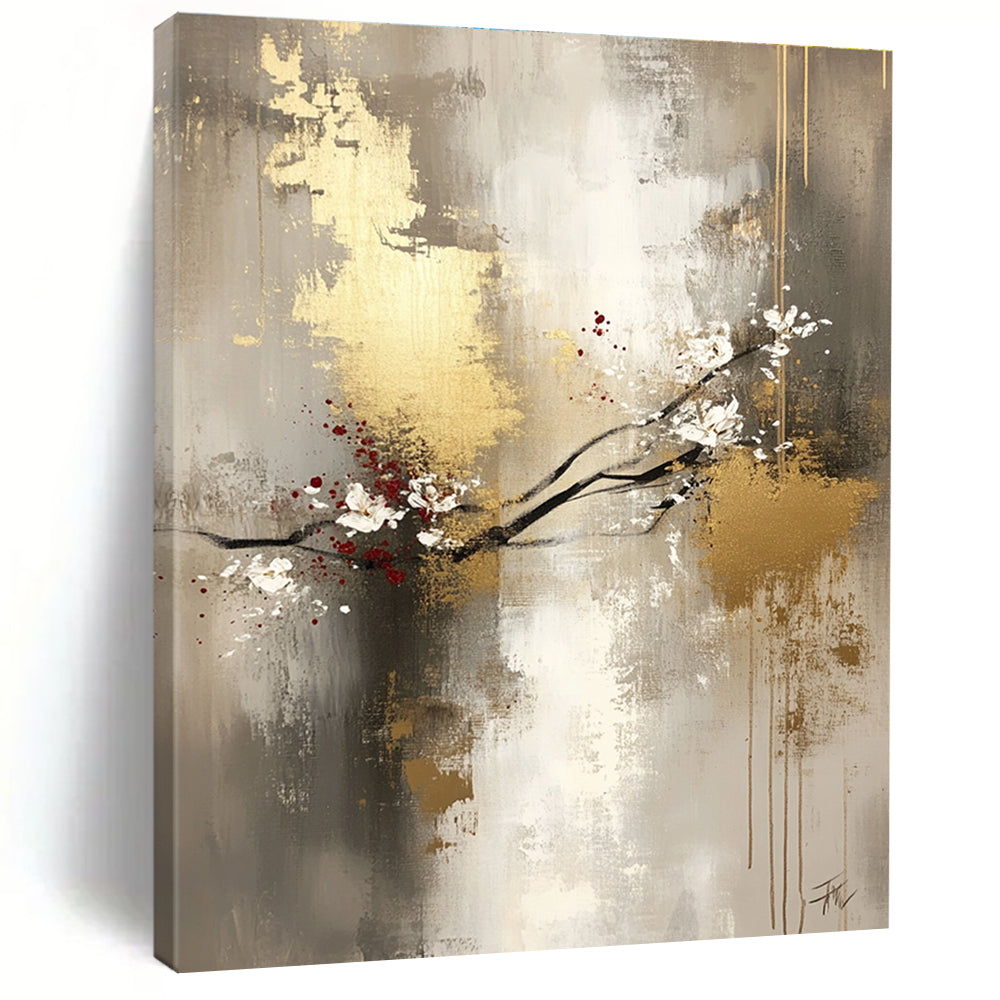 Large abstract painting featuring light gray and gold tones with delicate floral arrangements and a mysterious atmosphere on a spacious canvas.STSC434