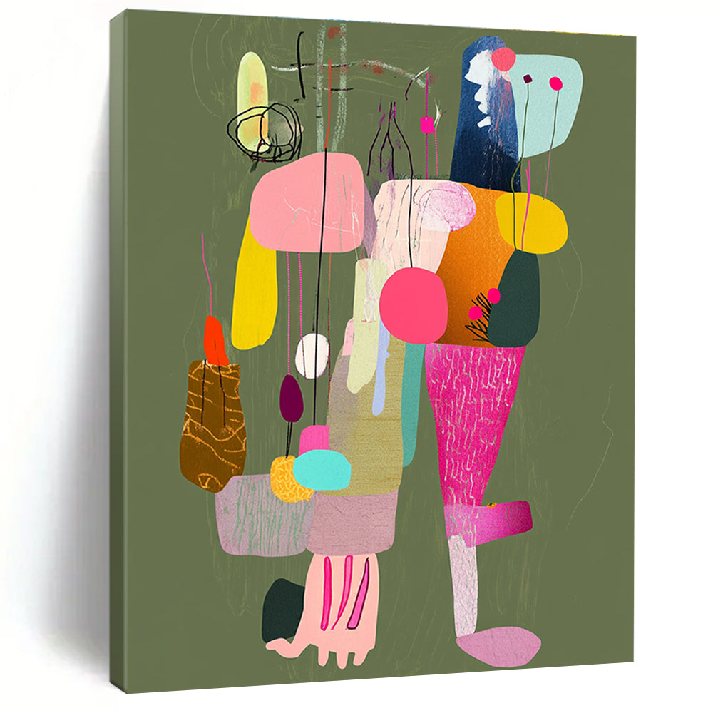 Large abstract painting featuring a colorful collage of limbs with strings connecting to various places against a muted greenish brown background.STSC970