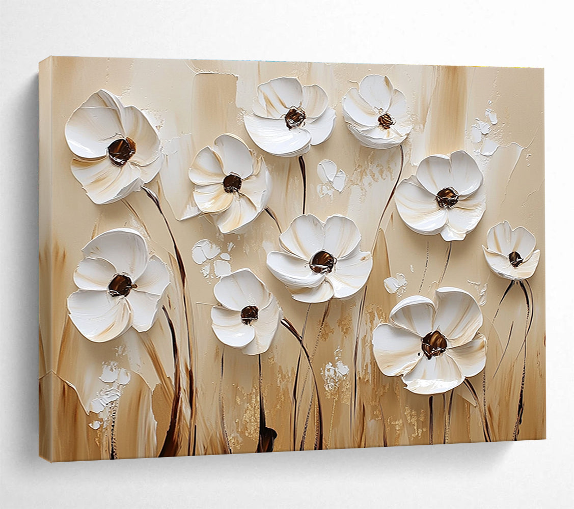 Large abstract painting featuring textured white flowers on a beige background with a white and brown color palette in oil paint.SC003