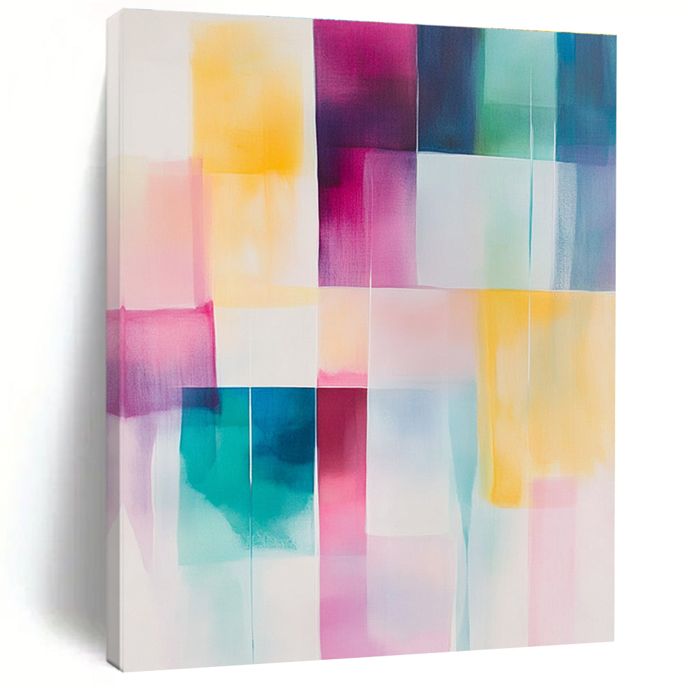 Large abstract painting in soft pastel colors featuring geometric blocks of pink yellow teal and white for a calming artistic touch.STSC804