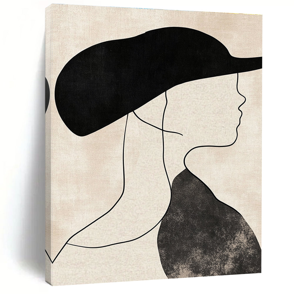 Abstract art depicting a woman's profile in a hat with neutral shapes thick lines and a beige background in black and white tones.STSC1333