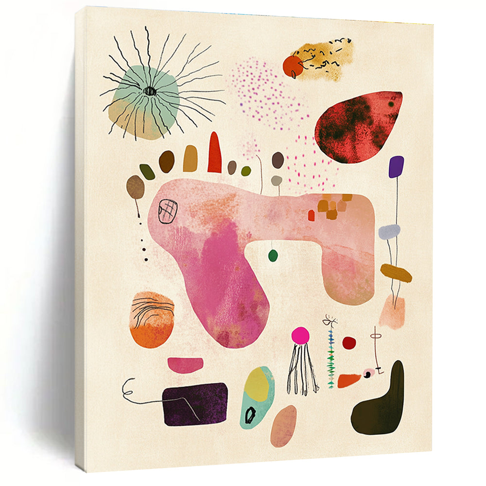 A large abstract painting featuring whimsical shapes and textures in soft pastel colors evoking joy and a carefree spirit on light beige paper.STSC1236