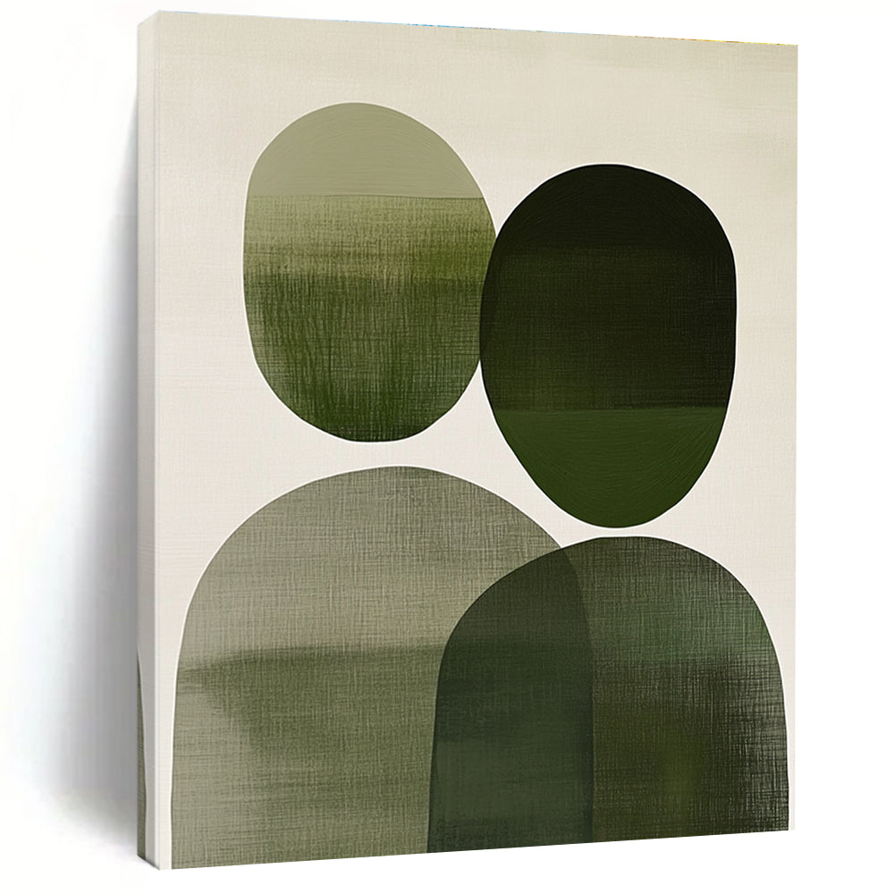 Large abstract painting with overlapping green and gray circles on off-white evoking connection and tranquility, ideal for home decor.STSC1083