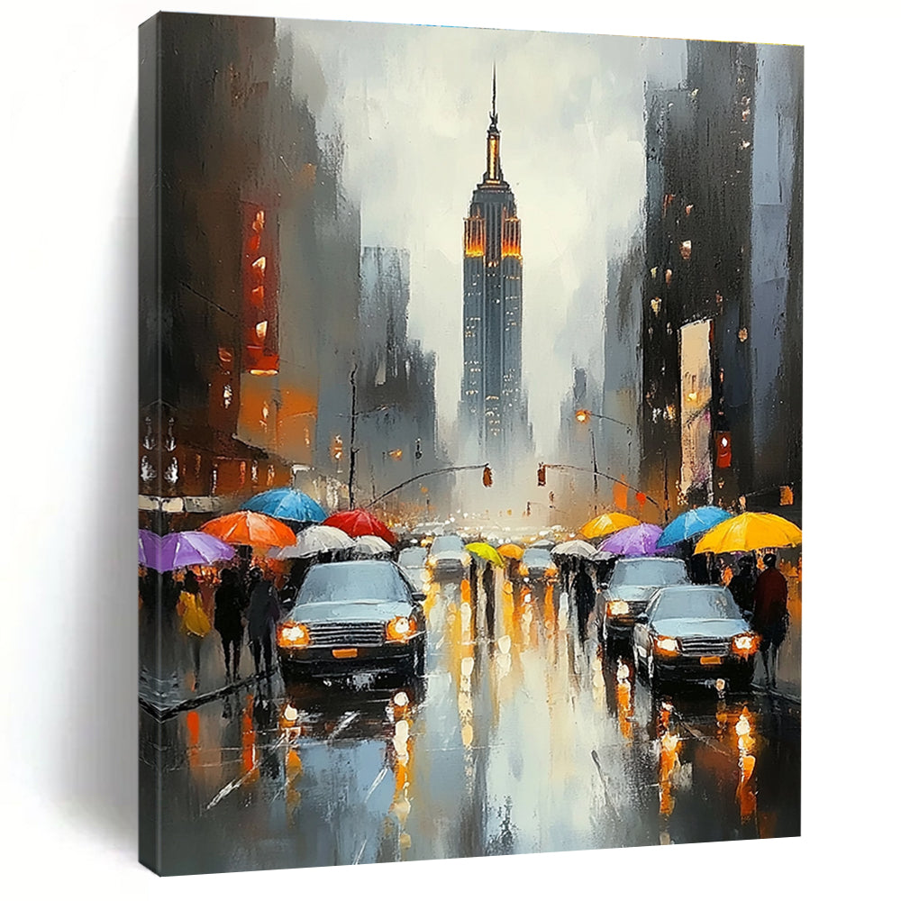 Abstract painting featuring New York City with the Empire State Building vibrant colors rain reflections and soft brush strokes capturing city life.STSC1362