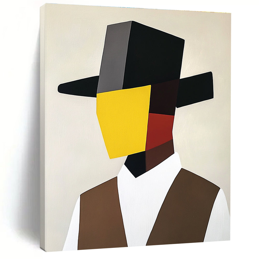 A large abstract painting featuring a minimalist cubist portrait of an Italian man in a black hat and brown vest with a yellow mask.STSC1082