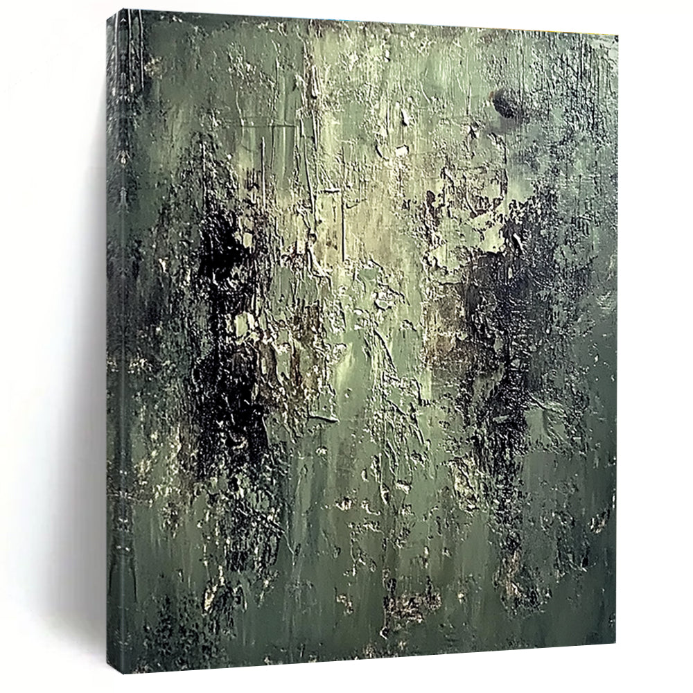 Large abstract oil painting of an old mossy wall with peeling paint in muted greens and dark browns evoking coolness and desolation.STSC587