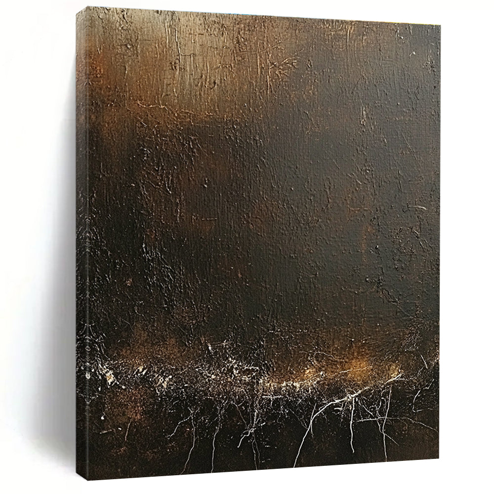 Large Abstract Artwork Featuring Dark Brown Canvas With Textured White Cracks And Soft Warm Lighting Perfect For Creating An Atmosphere Of Timeless Mystery.STSC1429
