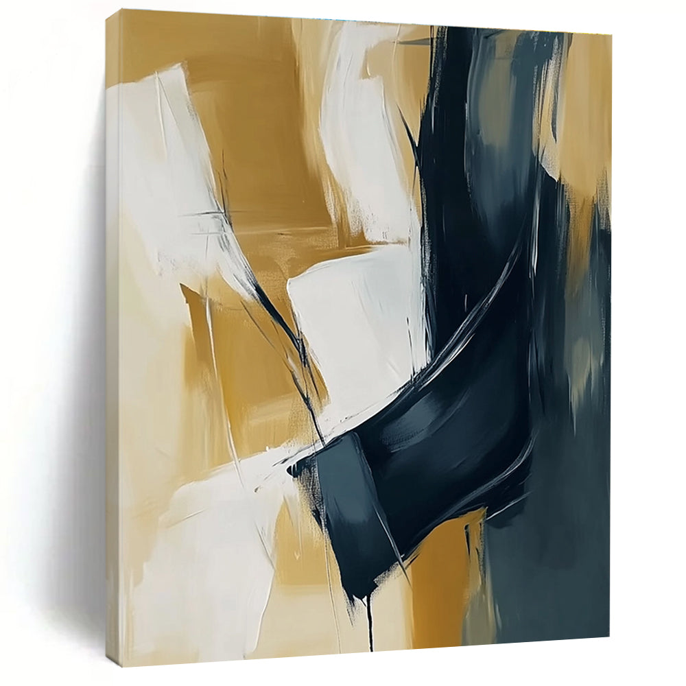 Gold White Black Abstract Painting with Dynamic Interactions GER805