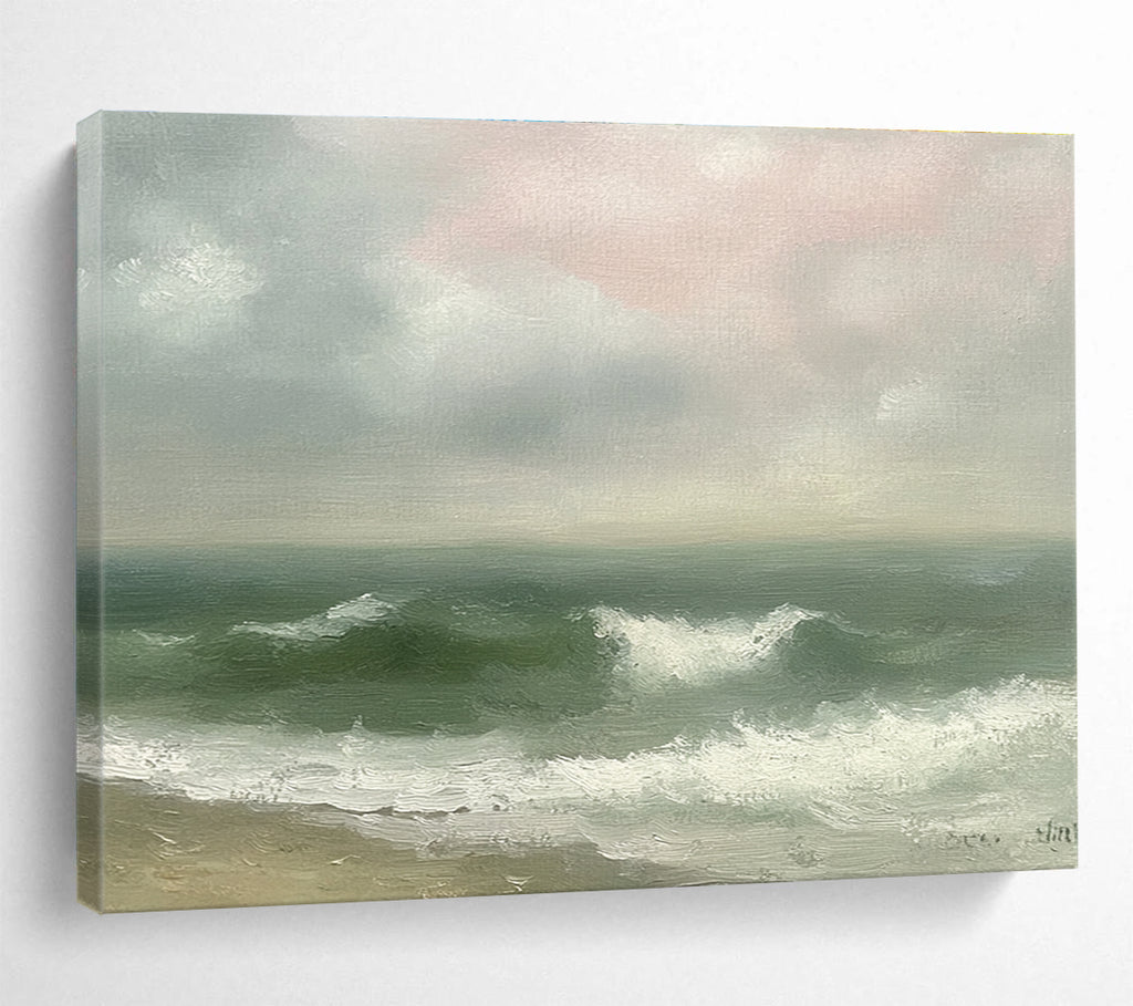 Large abstract painting depicting a vintage seascape with green and gray waves, an empty beach, and a soft pink sky in muted pastels.SC565