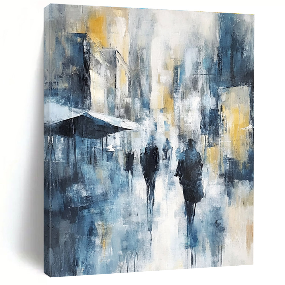 Large abstract painting of an urban cityscape in cool blue tones with hints of yellow and gray showcasing soft brushstrokes and impressionist influence.STSC277