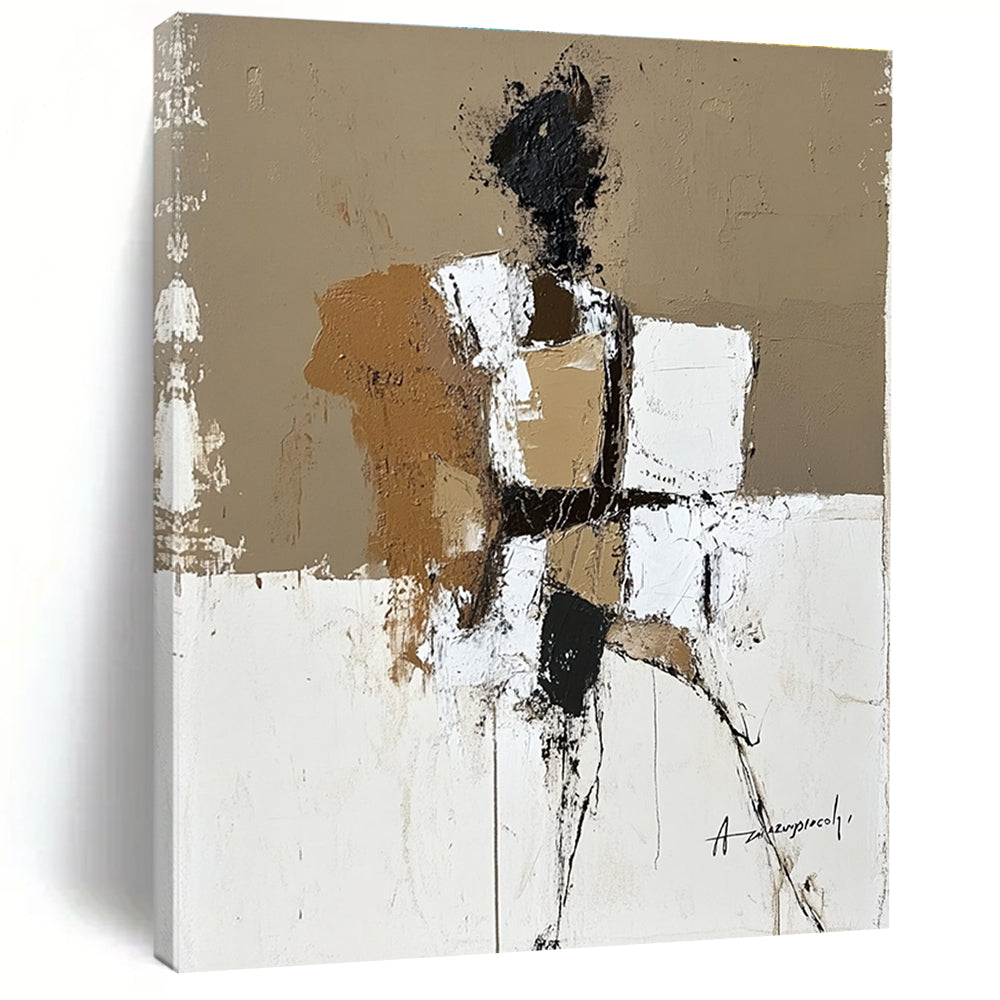 Large abstract painting in beige brown and white featuring humanistic forms with textured expressive brush strokes inspired by Anatoly Zaregorodtsev.STSC388