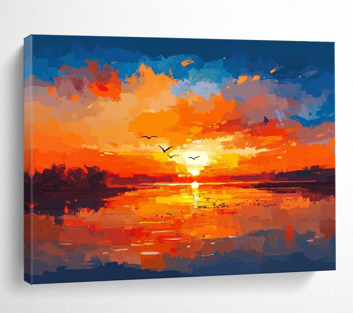 Large abstract painting featuring birds over water warm colors brush strokes reflections sunset sky tranquil atmosphereSC284