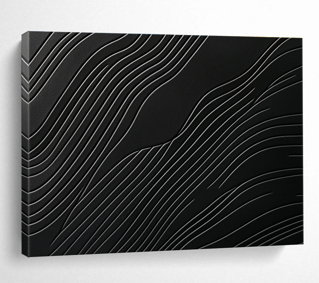 A large abstract artwork featuring elegant wave patterns on a matte black surface, showcasing layered textures and high contrast between light and dark tones.SC575