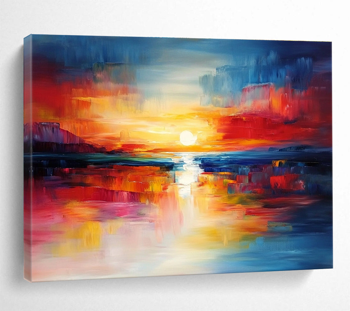 A large abstract painting capturing a vibrant sunset with blue and red hues reflecting on calm waters, creating a dynamic central composition.SC561